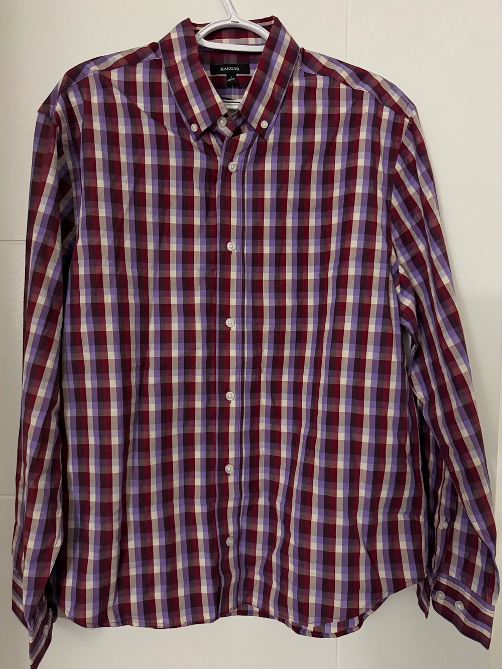 Haggar Men's Burgundy, Blue & White Plaid Button-Down Shirt
